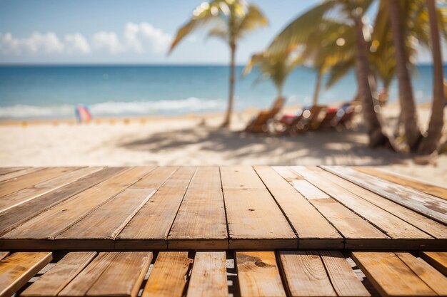 An empty wooden board against a defocused sunny beach