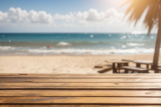 An empty wooden board against a defocused sunny beach