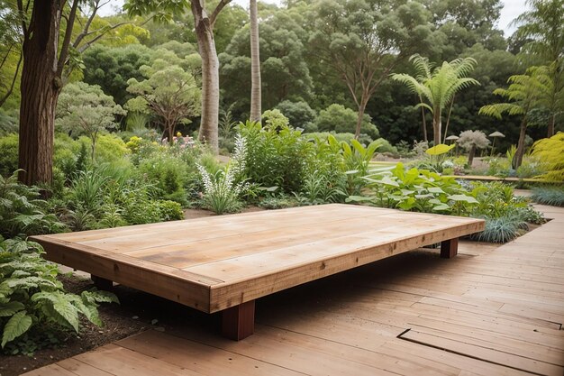 An empty wooden board in a botanical garden with rare plant species