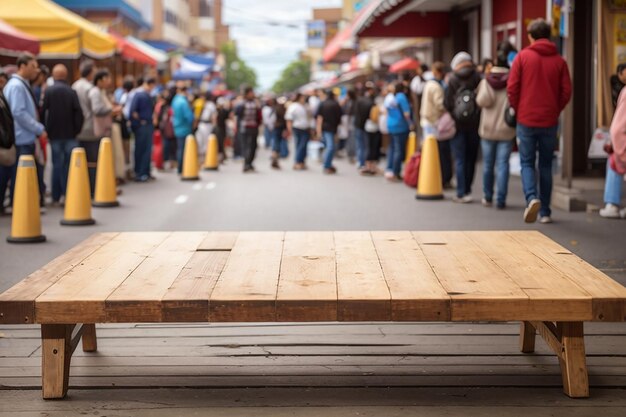 Photo an empty wooden board at a bustling street fair