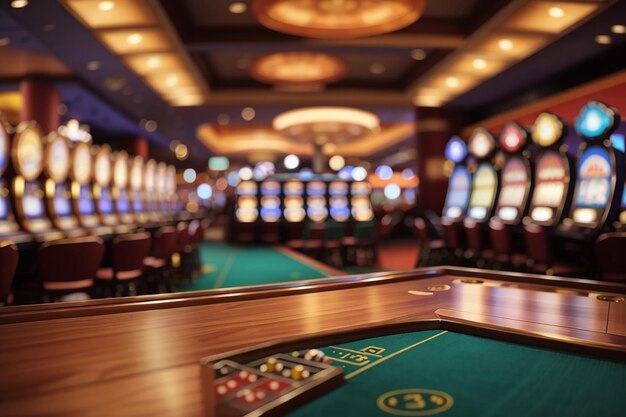 An empty wooden board in a casino with blurred slot machines