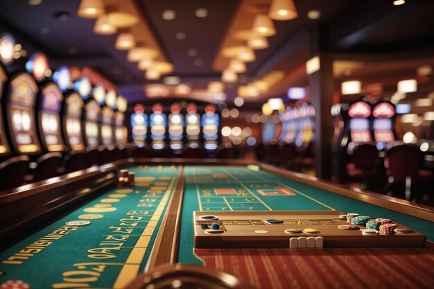 An empty wooden board in a casino with blurred slot machines