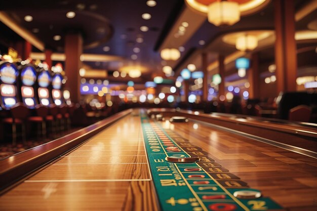 An empty wooden board in a casino with blurred slot machines