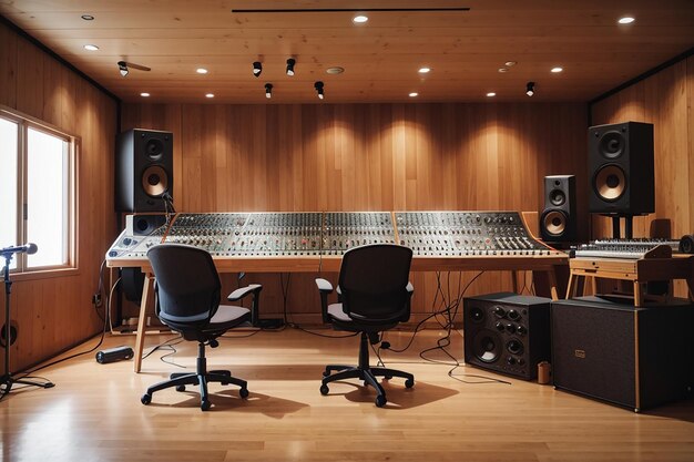 An empty wooden board in a recording studio with artists working on music