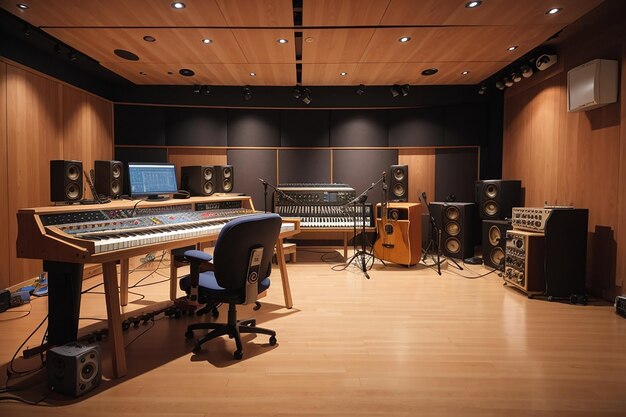 An empty wooden board in a recording studio with artists working on music