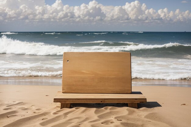 An empty wooden board on a sandy beach with waves crashing in the background