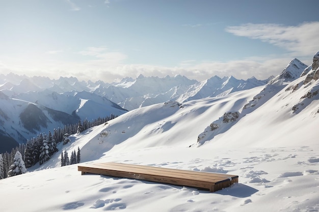 An empty wooden board on a snowy mountain slope for a winter sports campaign