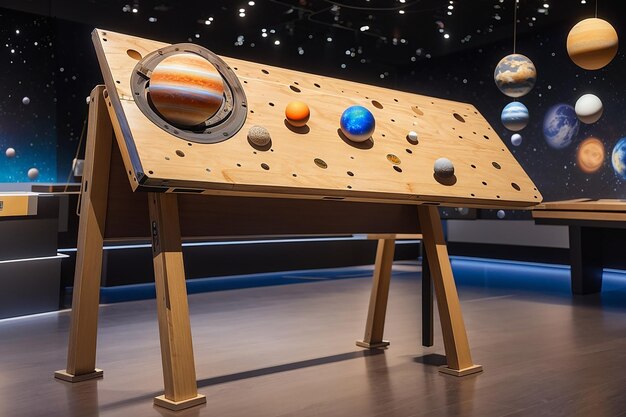 An empty wooden board in a spacethemed exhibit with planets and stars