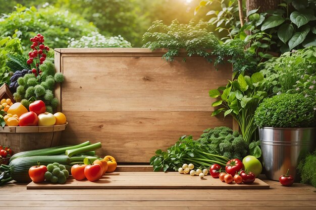 An empty wooden board surrounded by a lush green garden for a fresh produce ad