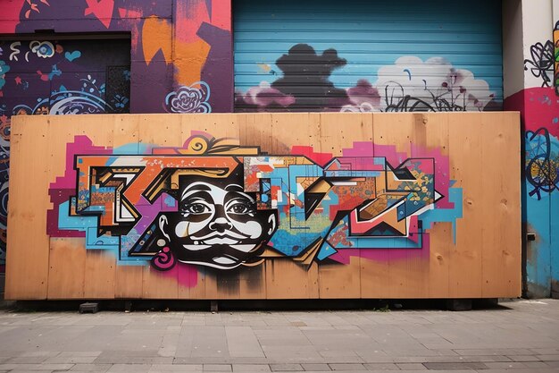 An empty wooden board surrounded by vibrant street art urban culture