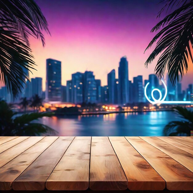 Empty wooden board table with a background of blurred city lights generated by AI