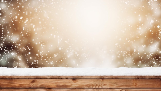 empty wooden board table with blur snow falling background for festive Christmas holiday and winter