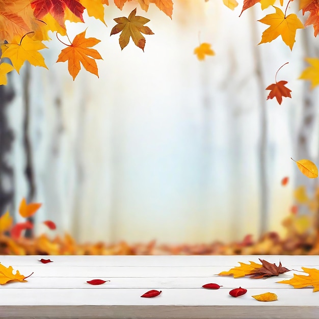 Empty wooden board table with blurred Autumn Background With Falling Leaves generated by AI