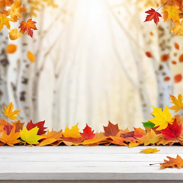 Empty wooden board table with blurred autumn background with falling leaves generated by ai