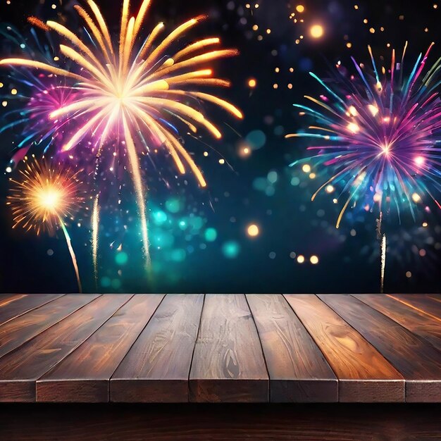 Empty wooden board table with blurred Celebration Fireworks generated by AI