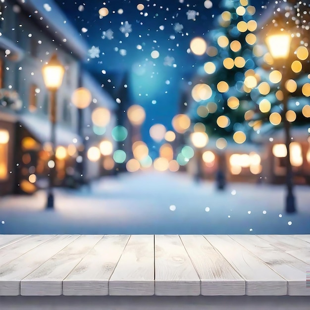 Empty wooden board table with blurred Christmas tree and snowfall with bokeh light generated by AI