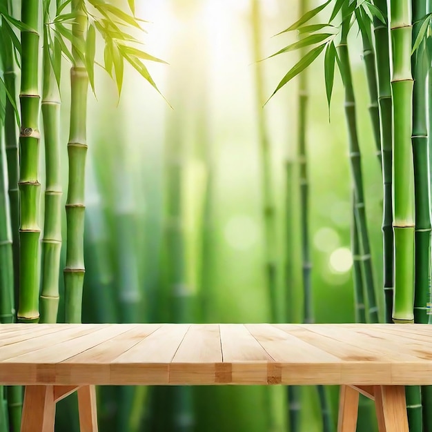 Empty wooden board table with blurred Green bamboo stalks generated by AI