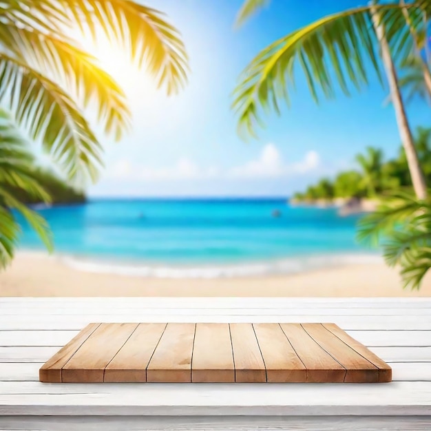 Empty wooden board table with of blurred palm leaves with a party on the beach generated by AI