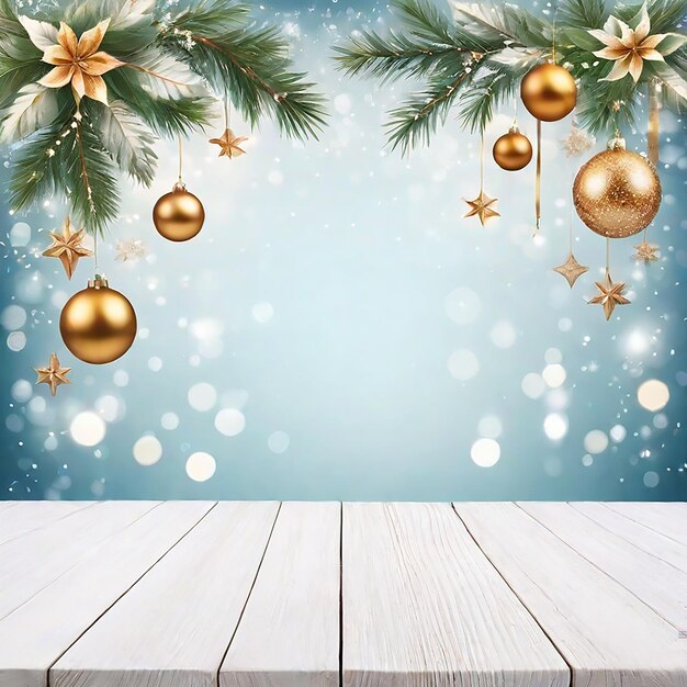 An empty wooden board table with a Glittering Christmas holiday background generated by AI