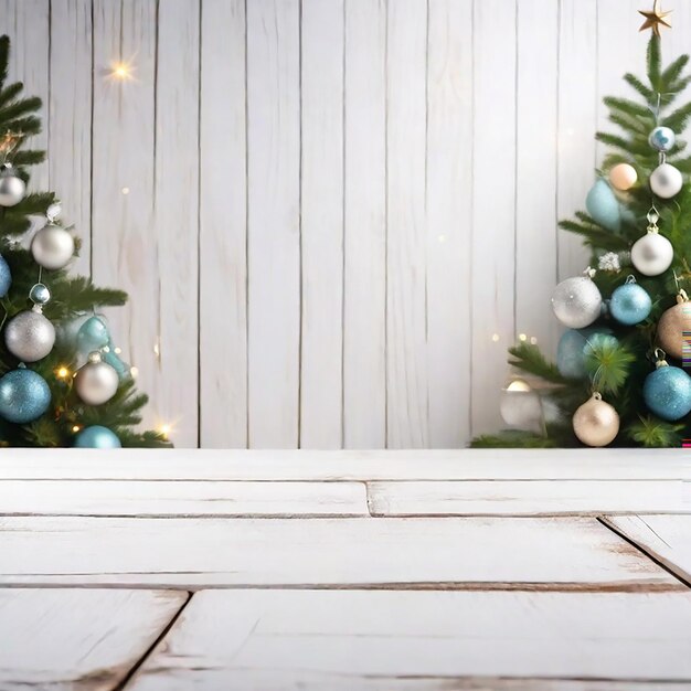 An empty wooden board table with a Glittering Christmas holiday background generated by AI