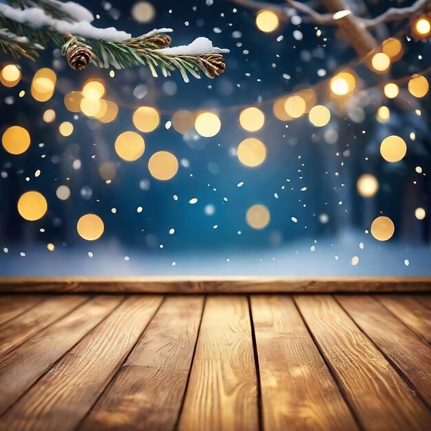 An empty wooden board table with a shiny luxury bokeh charismas festival background generated by ai