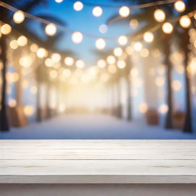 An empty wooden board table with a Shiny luxury bokeh charismas festival background generated by AI