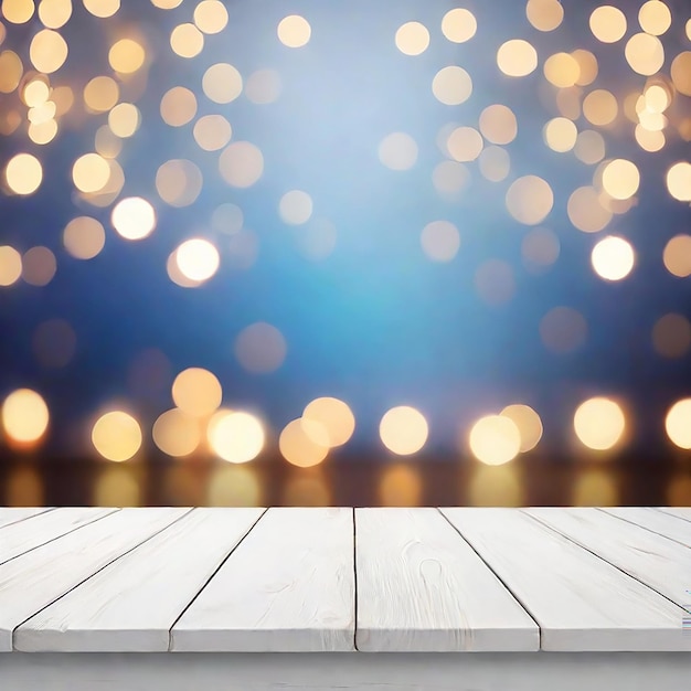 An empty wooden board table with a shiny luxury bokeh charismas festival background generated by ai