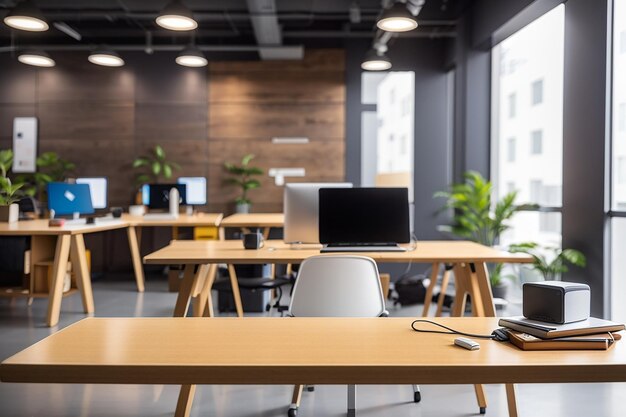 An empty wooden board in a tech startup office with innovative tech products