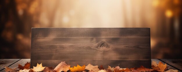 Empty wooden board top with a blurred Background for autumn leaves generative ai