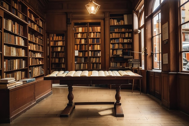 An empty wooden board in a vintage bookshop perfect for rare book promotions