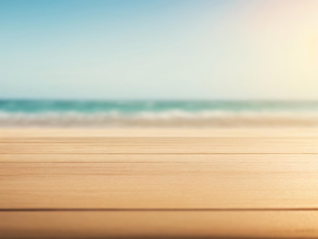 Empty wooden board with beach background blank place for product