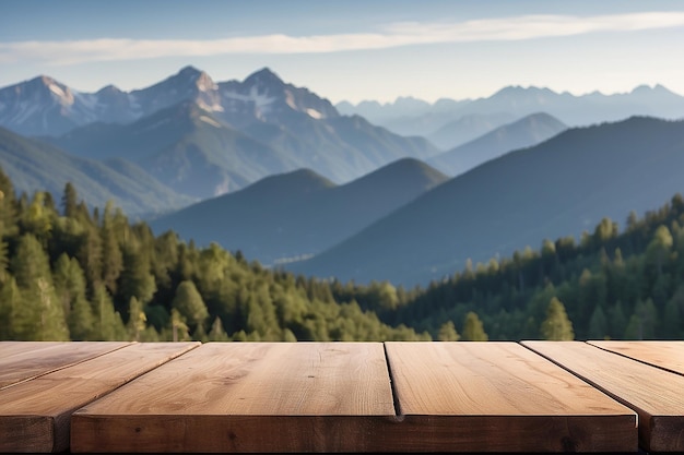 Photo empty wooden board with a blurry mountain range behind it