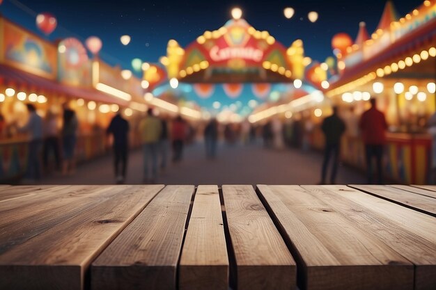 Photo an empty wooden board with a defocused carnival at night