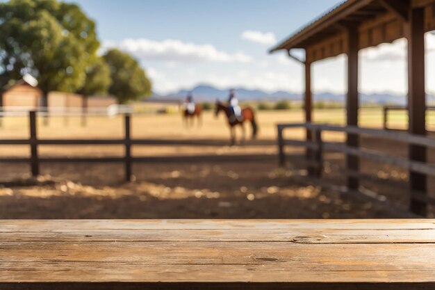 An empty wooden board with a defocused horse ranch in the background