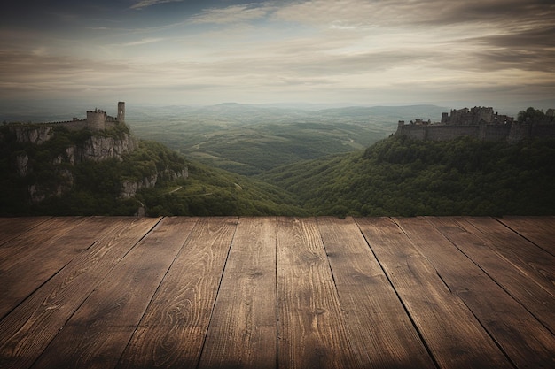 An empty wooden board with a defocused medieval castle backdrop