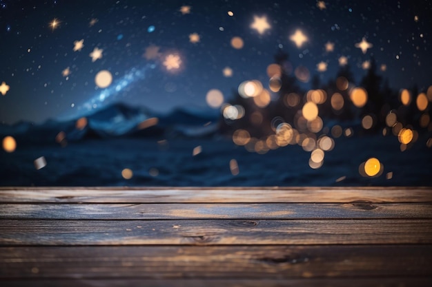 An empty wooden board with a defocused starry sky