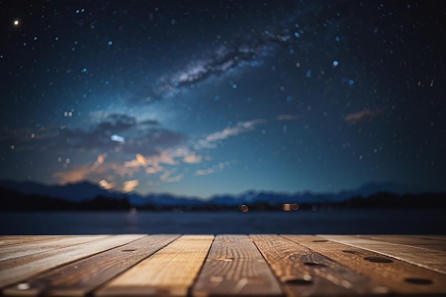 An empty wooden board with a defocused starry sky