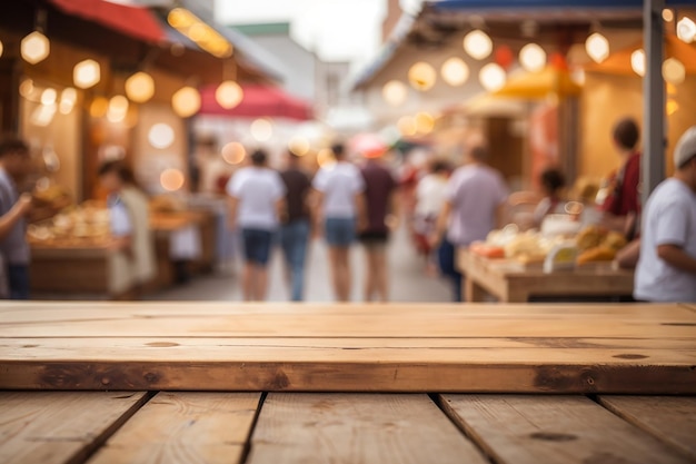 Foto tavola di legno vuota con un festival di cibo di strada sfocato