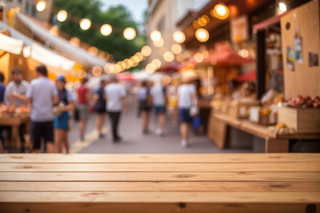 Empty wooden board with a defocused street food festival