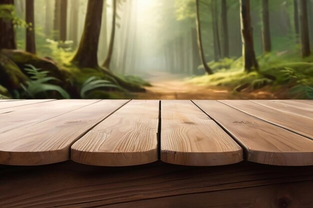 An empty wooden board with a serene forest backdrop