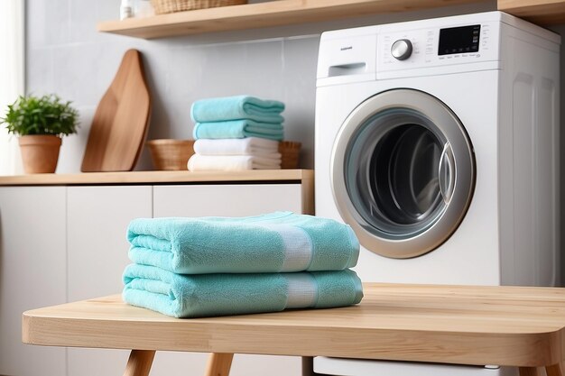 Empty wooden board with towels on blurred background of washing machine in home laundry