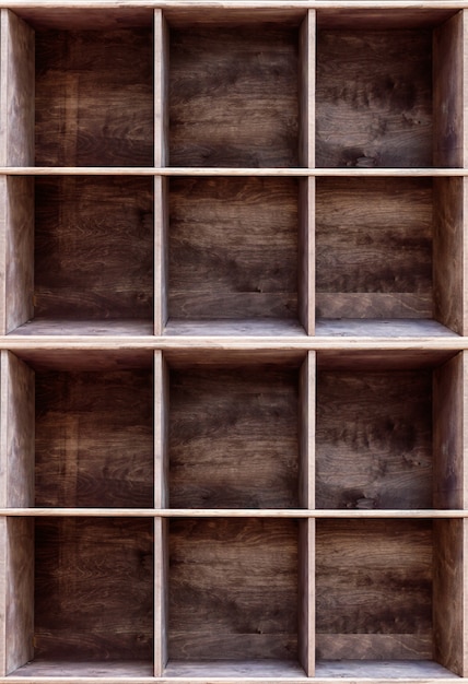 Empty wooden bookshelf on a wall