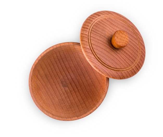 Empty wooden bowl with a lid isolated. View from above