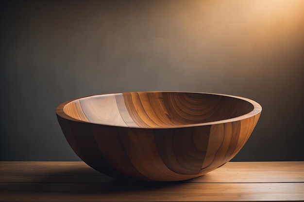 Empty wooden bowl on wooden background Top view Copy space ai generative