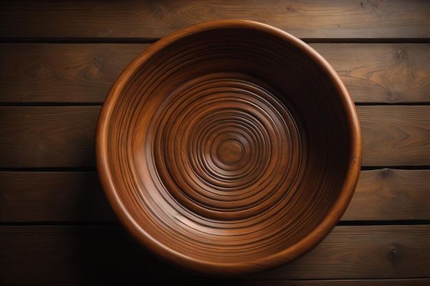 Empty wooden bowl on wooden background Top view Copy space ai generative
