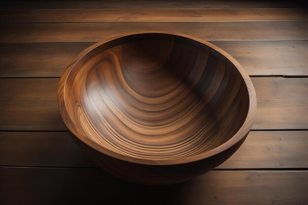 Empty wooden bowl on wooden background Top view Copy space ai generative