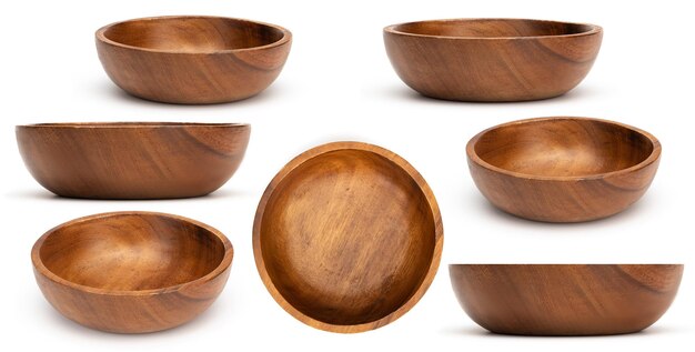 Photo empty wooden bowls isolated on white background set of wood bowls