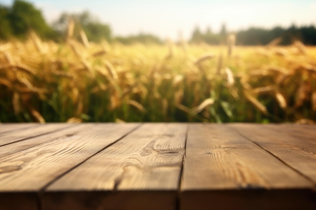 The empty wooden brown table top with blur background of corn field Exuberant image