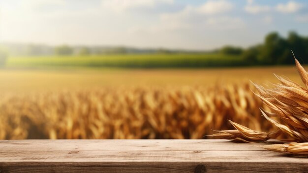 The empty wooden brown table top with blur background of corn field generative ai aig30