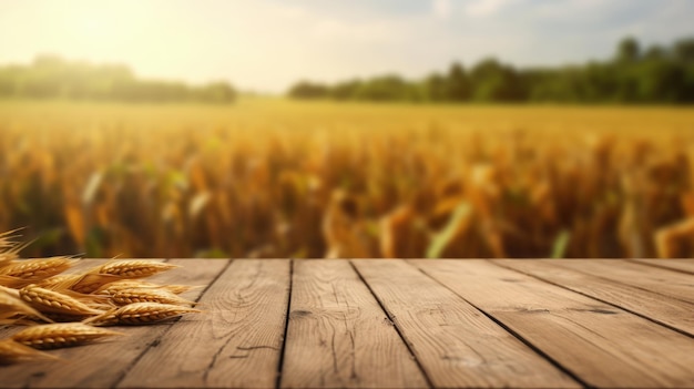 The empty wooden brown table top with blur background of corn field Generative AI AIG30